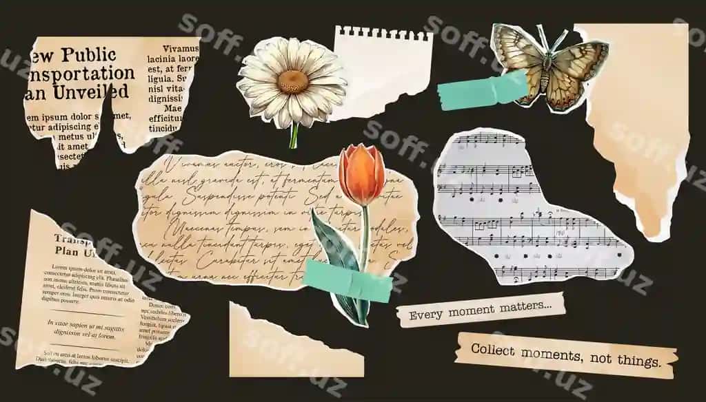 Komplekt yirtilgan qog'oz kollasshe daftar varaqi eski gazeta stamp keltir | Set torn paper collage notebook sheets old newspaper stamp butterfly