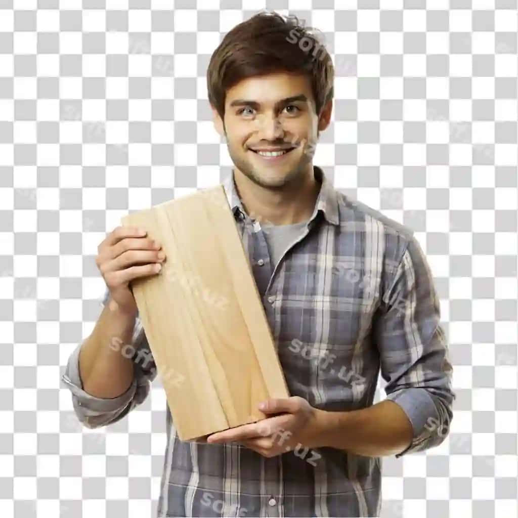 Yosh erkak tutgan yog'ochli qism ajralgan shaffof fonda | Young man holding wooden piece isolated transparent background