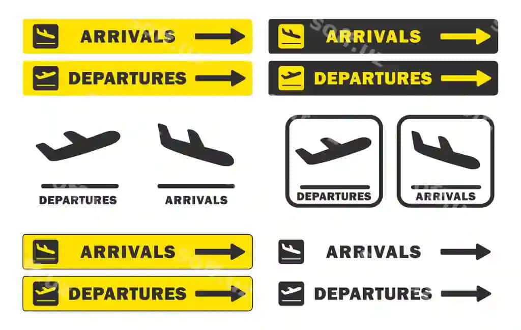Uchish-qo'nish samolyoti belgisi, kelish va jo'nash reyslari belgisi | Take off landing plane icon symbol set arrivals departures flight