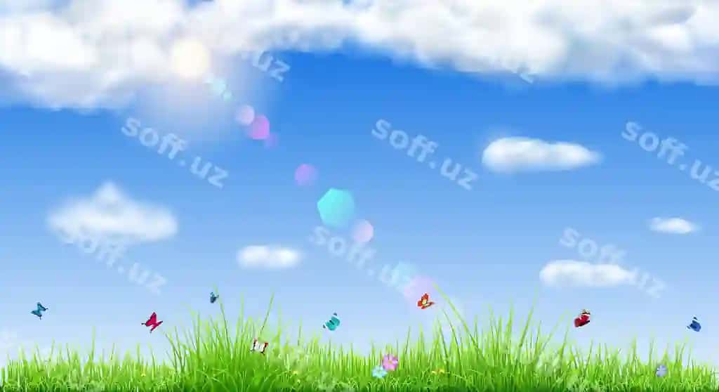Bahor orqa fonda osmon, quyosh, bulutlar, chaman, gulat, parasutlar bilan | Spring background with sky sun clouds grass flowers butterflies