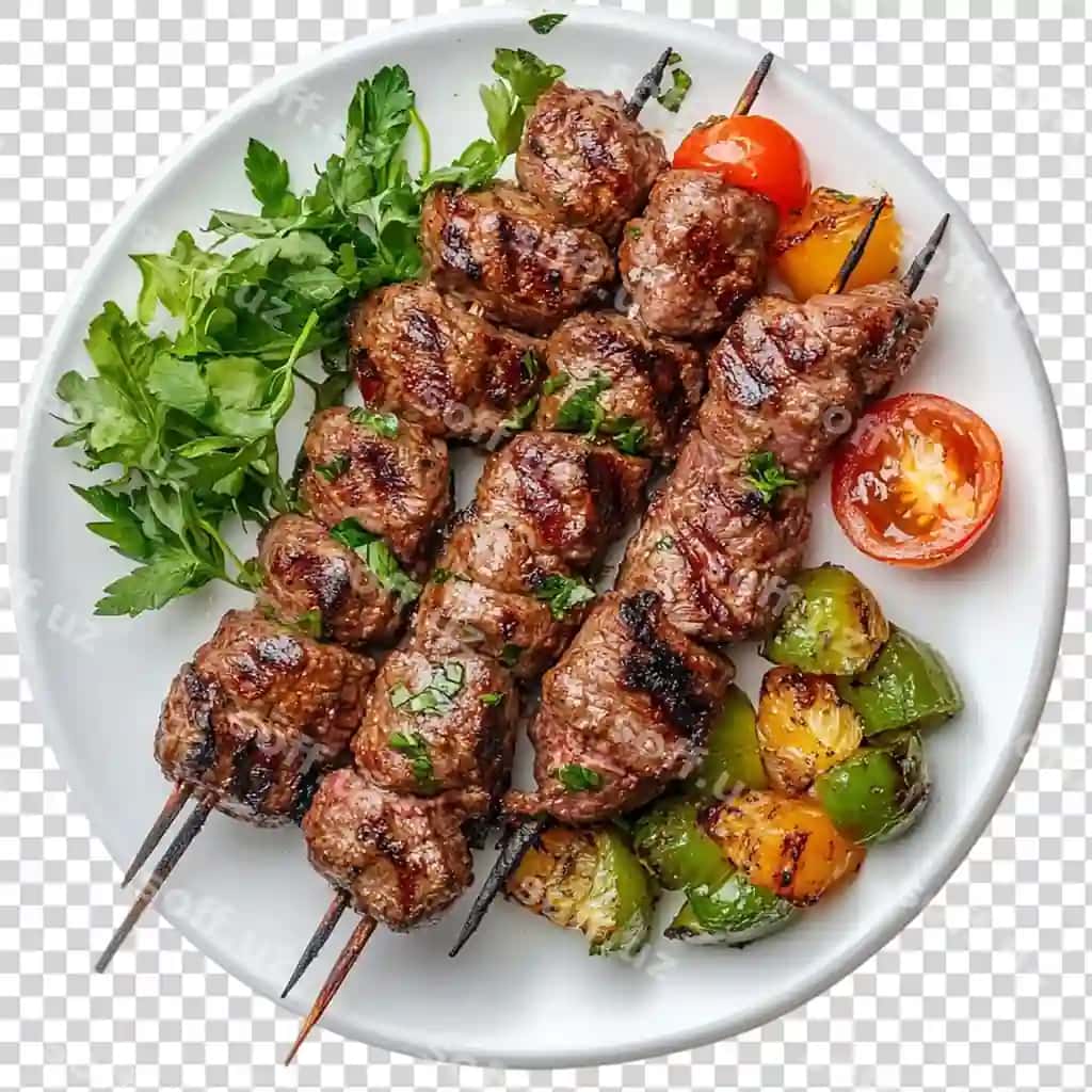 Grilda pishirilgan mol go'shti kabobi oq plastinka yuqoridan ko'rinishi izolyatsiya qilingan shaffof fon | Grilled beef kebab white plate top view isolated transparent background