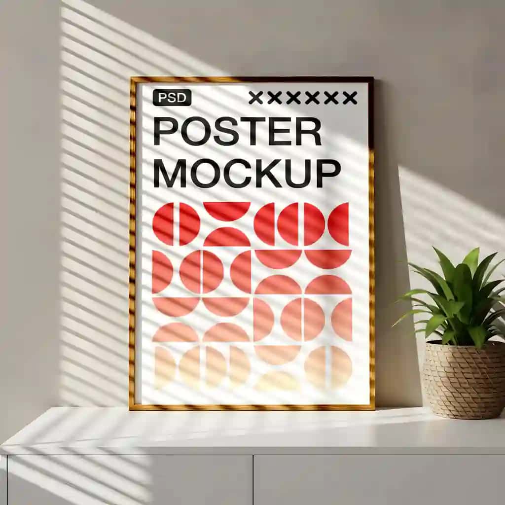 Geometrik san'at tabiiy yorug'lik bilan zamonaviy ramkali plakat maketi | Modern framed poster mockup with geometric art natural light