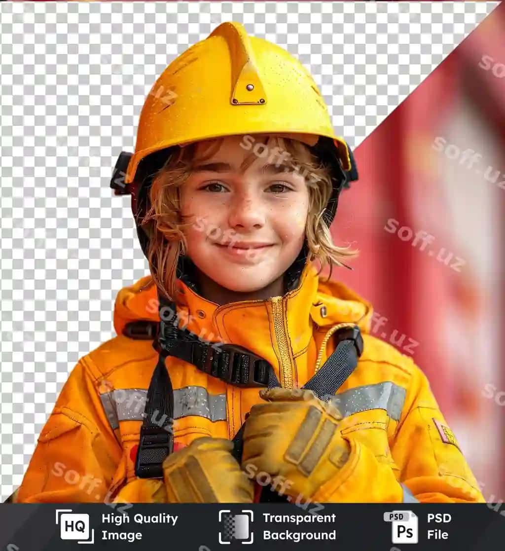 Shaffof ob'ekt modeli yosh blond olovchi sariq bosh poyabini bilan | Transparent object mockup young firefighter with yellow helmet blond