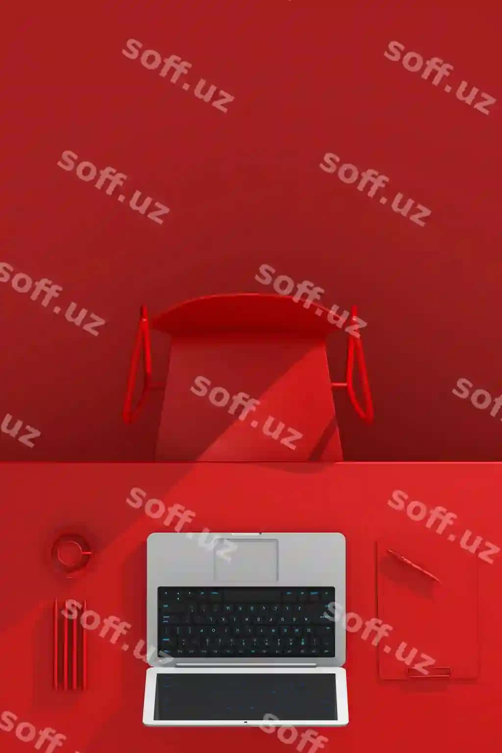 Qizil rangli noutbuk kofe stakanli ofis stoli, ofis anjomlari bilan | Office workplace table with office supplies laptop coffee cup red colour