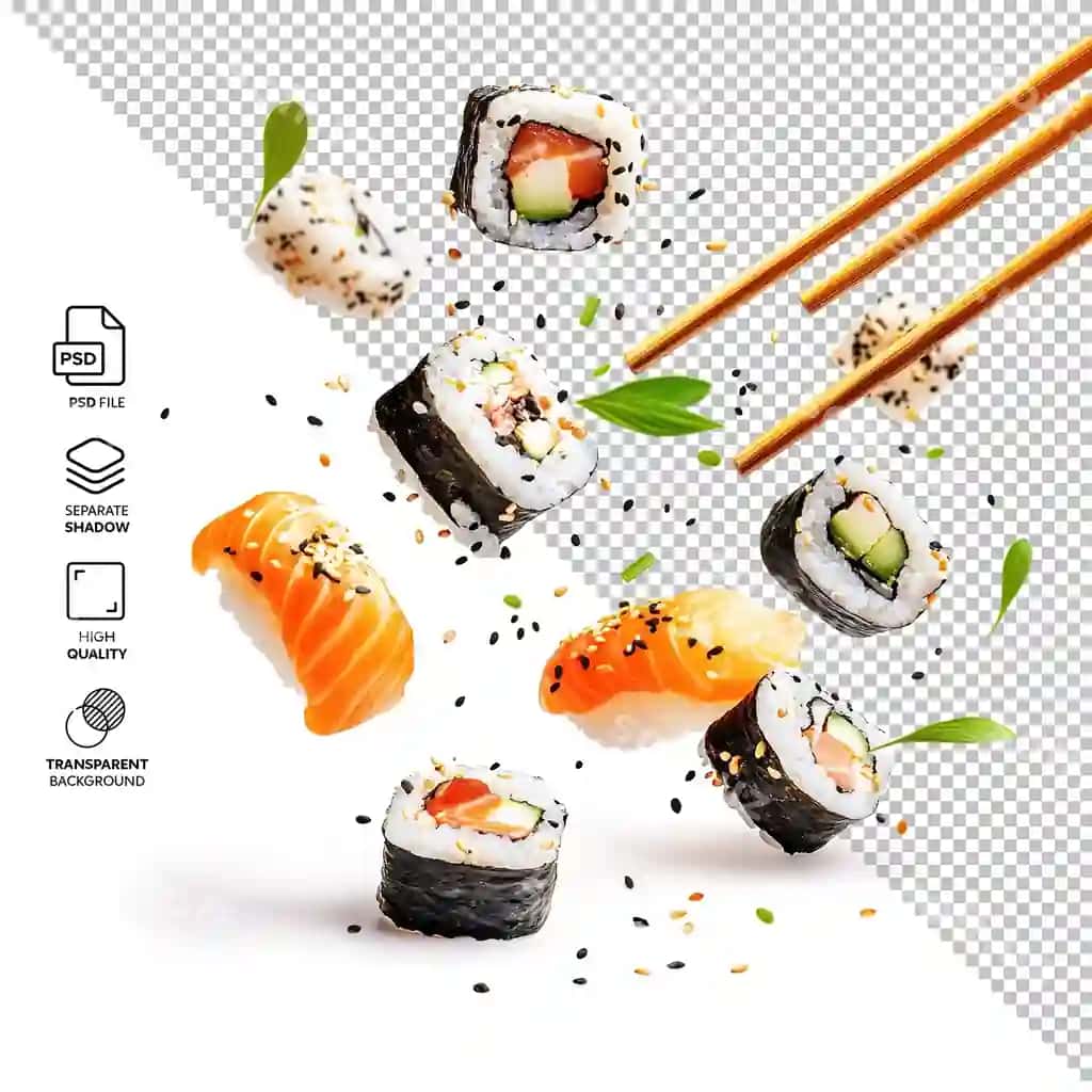 Uchib berilgan sushi jihatlari orqa fonisiz ajraltirilgan | Flying pieces sushi isolated without background