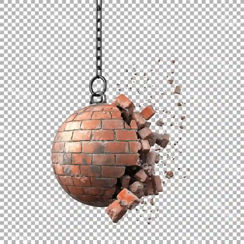 Katta qora vagonet devorini socharqan oynavi fonida | Large black wrecking ball hanging breaking wall transparent background