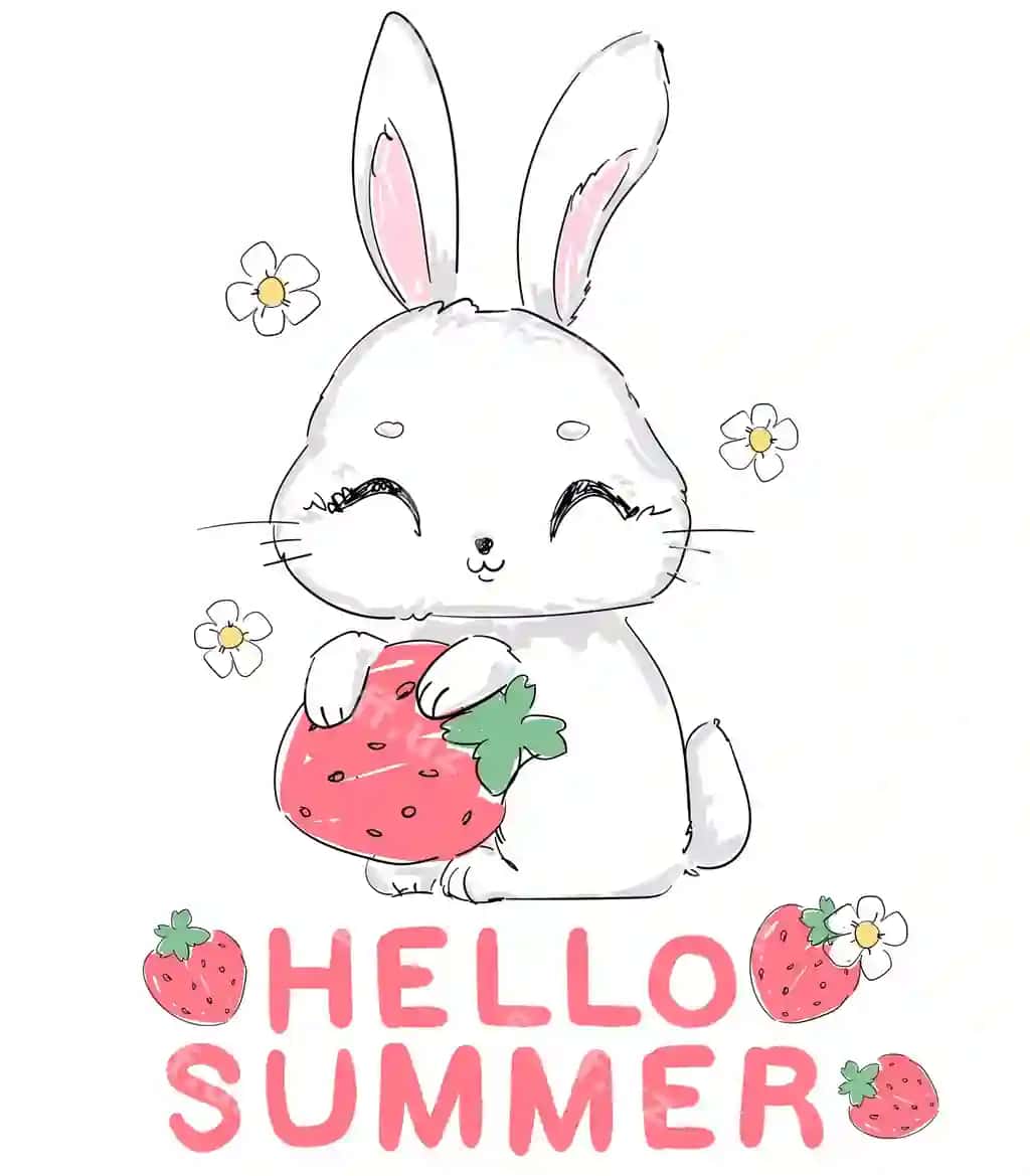 Qulupnay gullari bilan qo'lda chizilgan yoqimli quyon | Hand drawn cute bunny with strawberry flowers