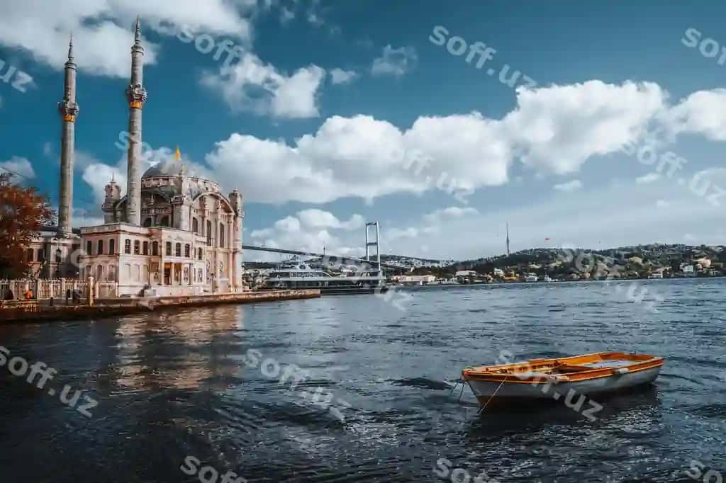 Istanbul, Ortakoy, Turkiya, bulutli osmon fonida qayiqlar daryosini ko'rish | View boats river against cloudy sky istanbul ortakoy turkey