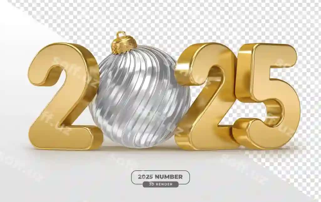 2025 oltin sonlar asragan kumush shar 3d render shaffof bilan | 2025 gold numbers with hanging silver ball 3d render with transparent
