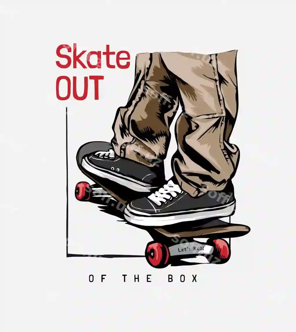 Chiqish qutisi logotipi bilan oyoqli skaytboard illustratsiyasi | Skate out box slogan with legs skateboard illustration