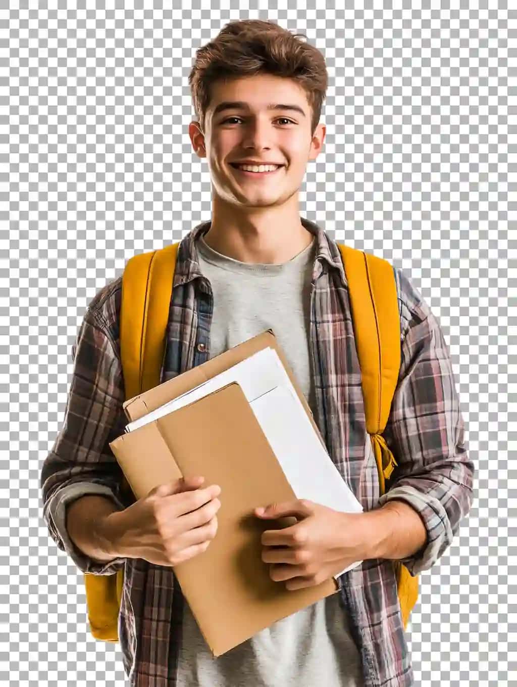 Shaffof fonda hujjatlarni ushlab turgan jilmayuvchi erkak talaba PNG | Png smiling male student holding documents against transparent background