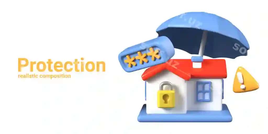 Kontsept mulk himoyasi 3D uy katta soyabon bilan qoplanmagan | Concept real estate protection 3d house covered with large umbrella
