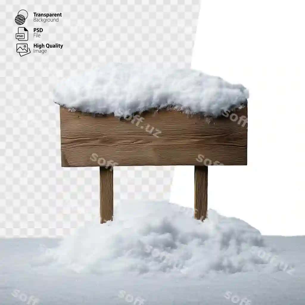 Yog'ochli belgi qor bilan qisman qoplanadi, tikkan qor to'plami, shaffof | Wooden sign partially covered with snow standing snowbank transparent