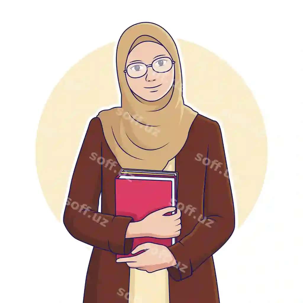 Multfilm illyustratsiyasi: Musulmon ayol o'qituvchi qo'lida ushlab turgan holda turibdi | Cartoon illustration muslim female teacher standing while holding