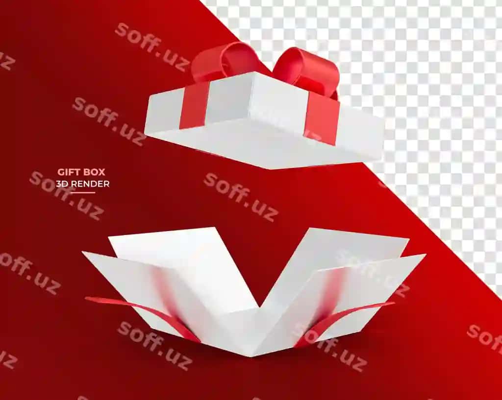 Shaffof fonga ega qizil rangli ochilgan 3D renderli oq sovg'a qutisi | White gift box with red opened 3d render with transparent background
