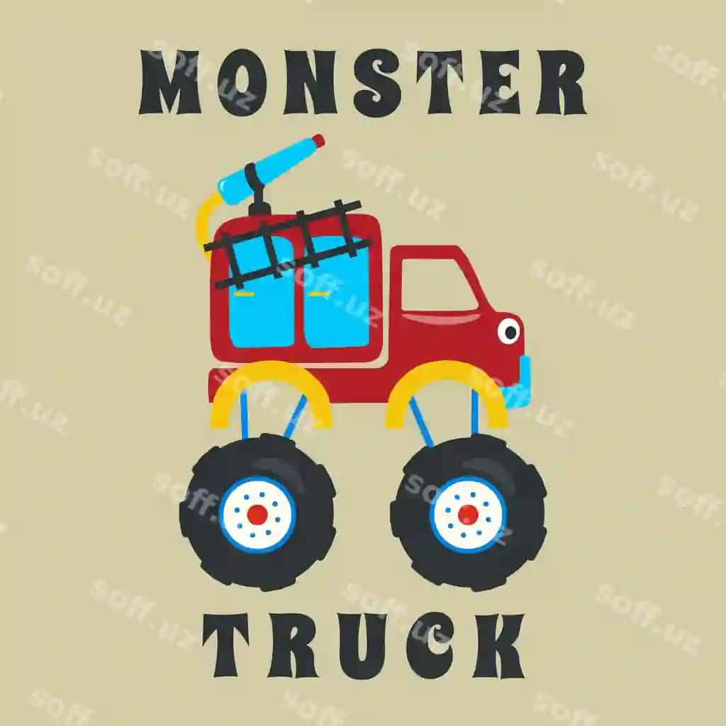 Vektor illustratsiyasi ofire to'g'irish monster truck karyokatariya uslubida | Vector illustration fire rescue monster truck with cartoon style