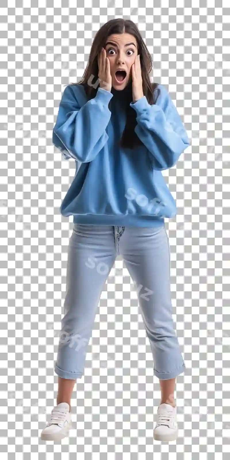 Ayol ko'k ko'ylak telefon bilan shaffof fonda | Woman blue jacket with phone transparent background