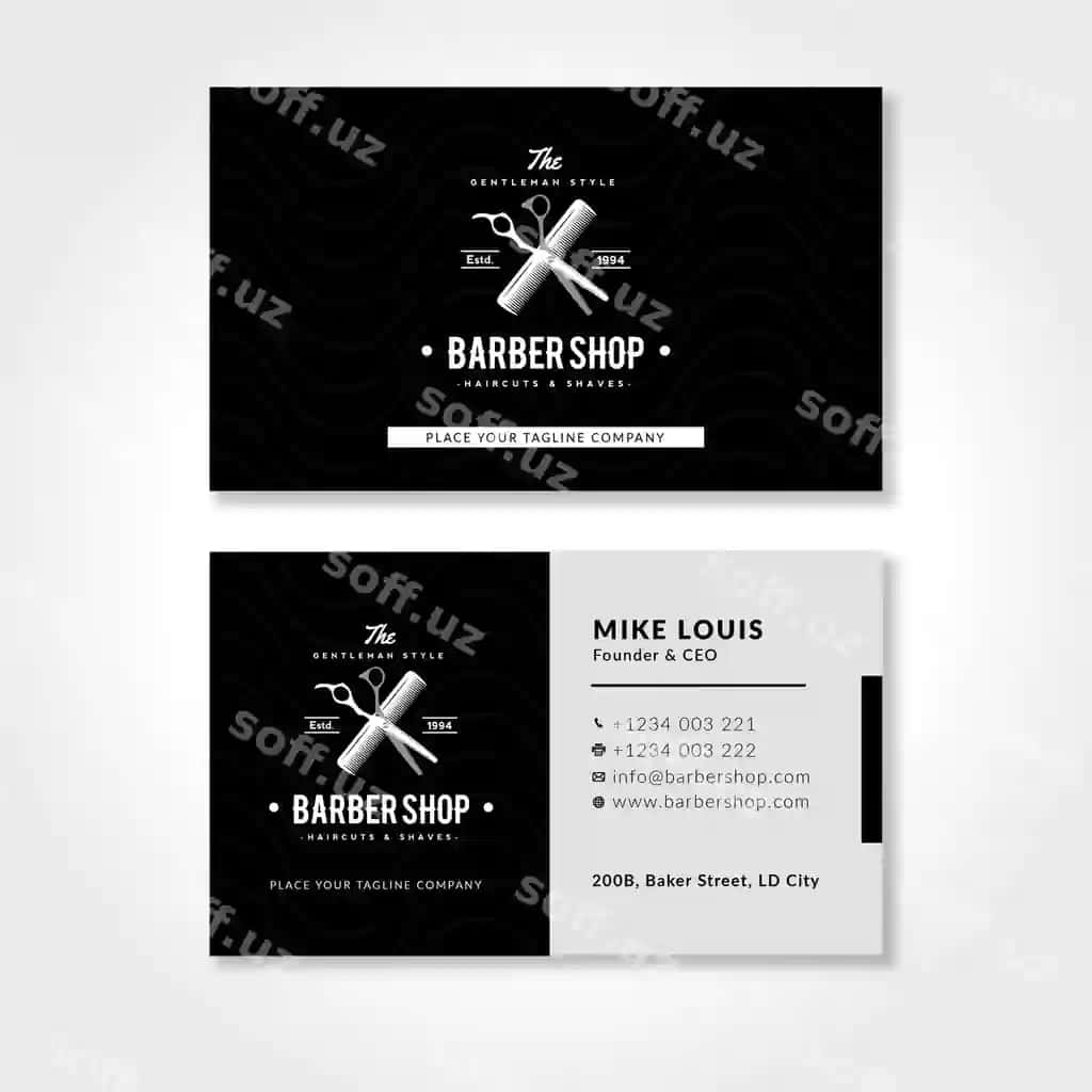 Berberxona biznes karta shabloni qora-oq | Barbershop business card template with black white