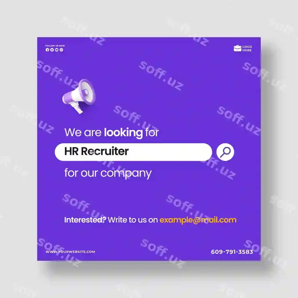 Binafsha poster, uchrashuv uchun ish qidiryapmiz degan habarli. | Purple poster with message that says we are looking job interview