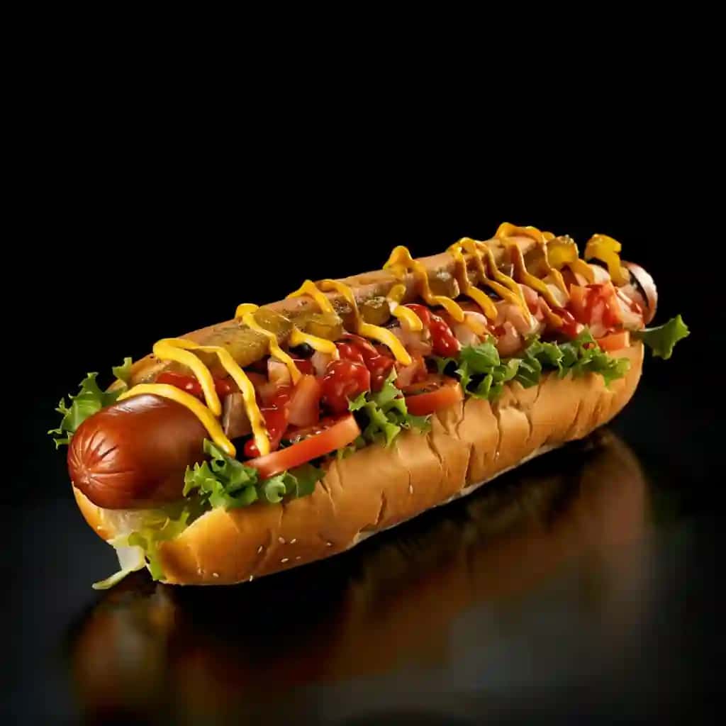 Xantal ketchup sousi bilan tasvirlangan hotdog | Image hotdog with mustard ketchup sauce