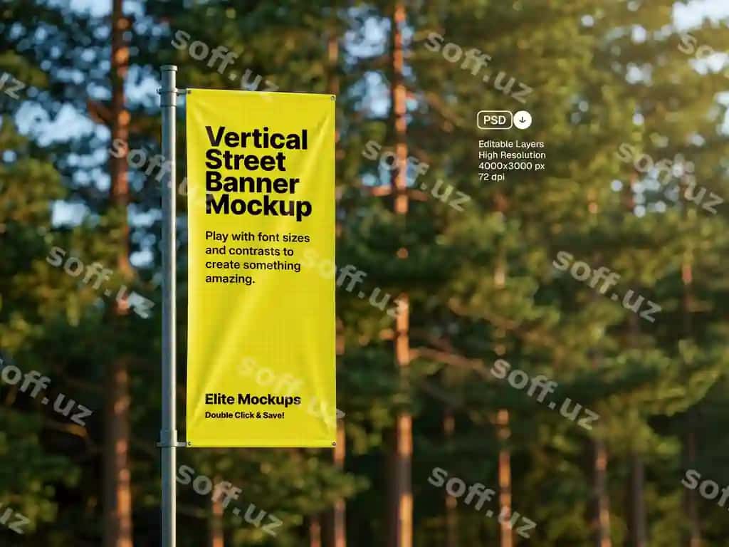 Quyoshli ochiq havoda vertikal ko'cha bannerining maketini | Vertical street banner mockup sunlit outdoor scene