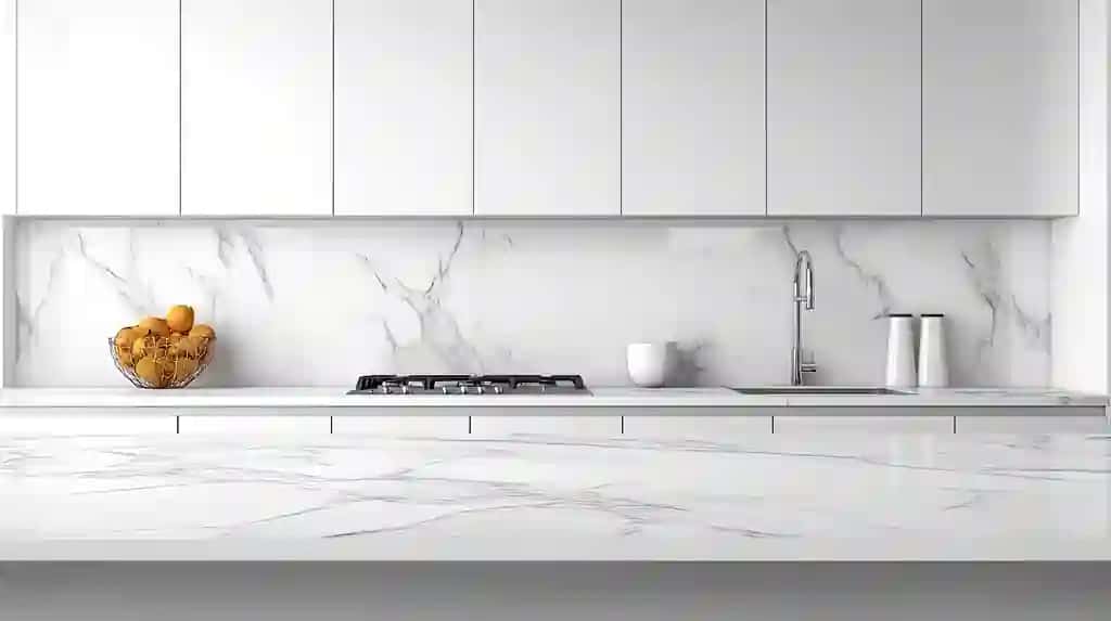 Oq shkafli marmar peshtaxtali oqlangan oshxona interyeri matnli brendingni taqdim etadi | Elegant kitchen interior with white cabinets marble countertop offering plenty space text branding