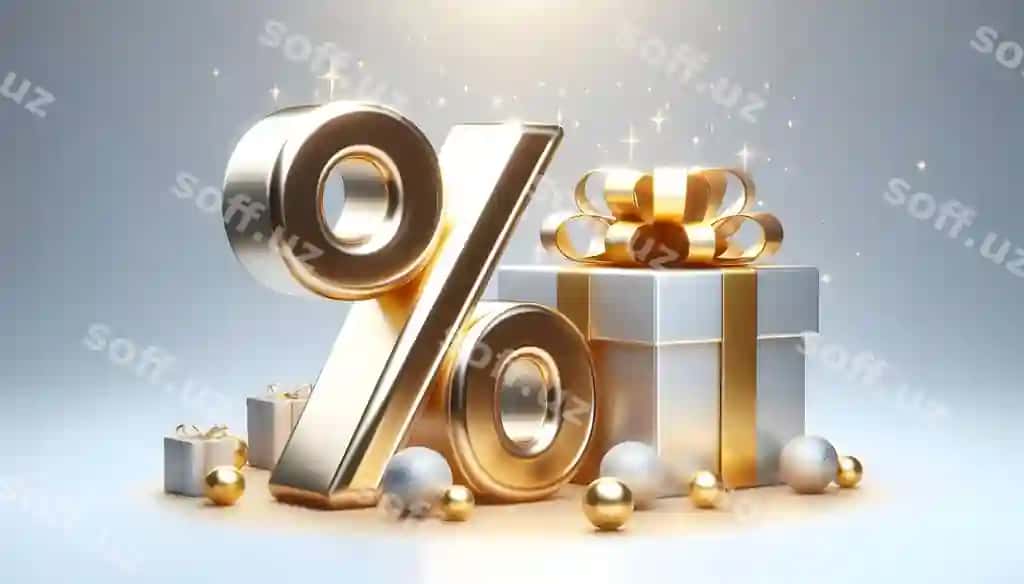 Yangi yil sovg'asi yonidagi oq rangli platina oltin foiz belgisi, yorqin yoritilgan oq sirt | Elegant platinum golden percent symbol beside new year gift brightly lit white surface