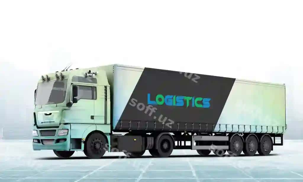 Yashil oq yuk avtomobili logistika so'zi bilan tarqatilgan tomonga ega. | Green white truck with word logistics side