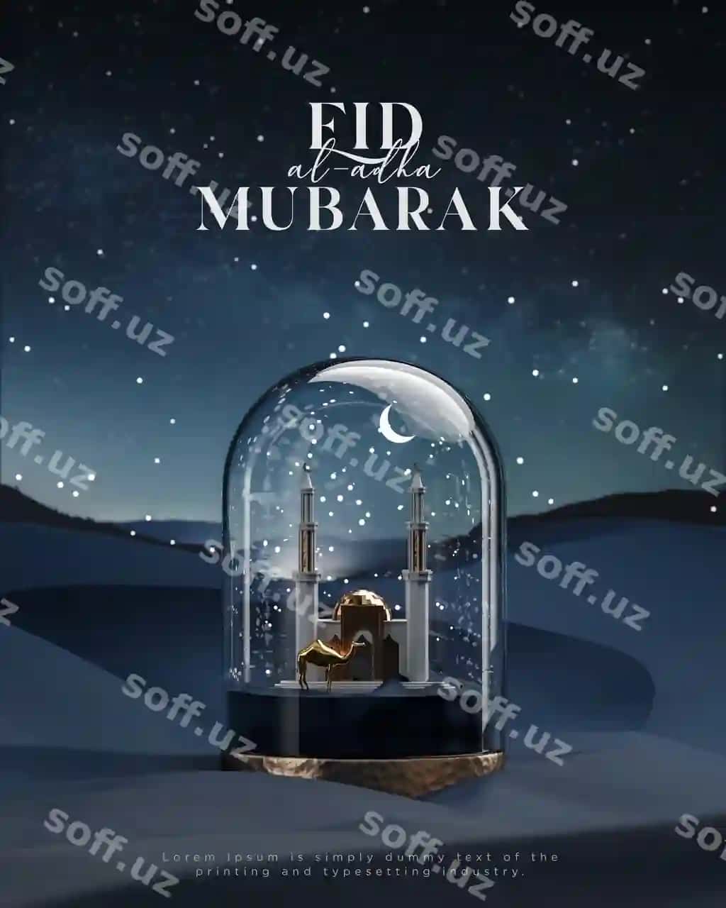 Iyd al-Adha muborak islomiy tabriklar qum tepaligi yulduzli tun masjid | Eid al adha mubarak islamic greetings sand dune starry night mosque