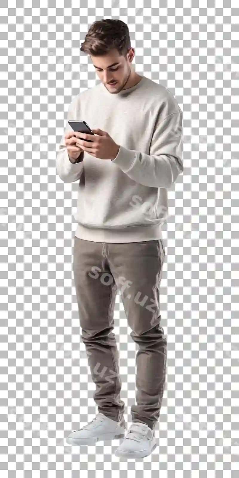 Men oq sovg'a kiyaman va mobil telefon ishlataman. | Man white sweater using mobile phone 2