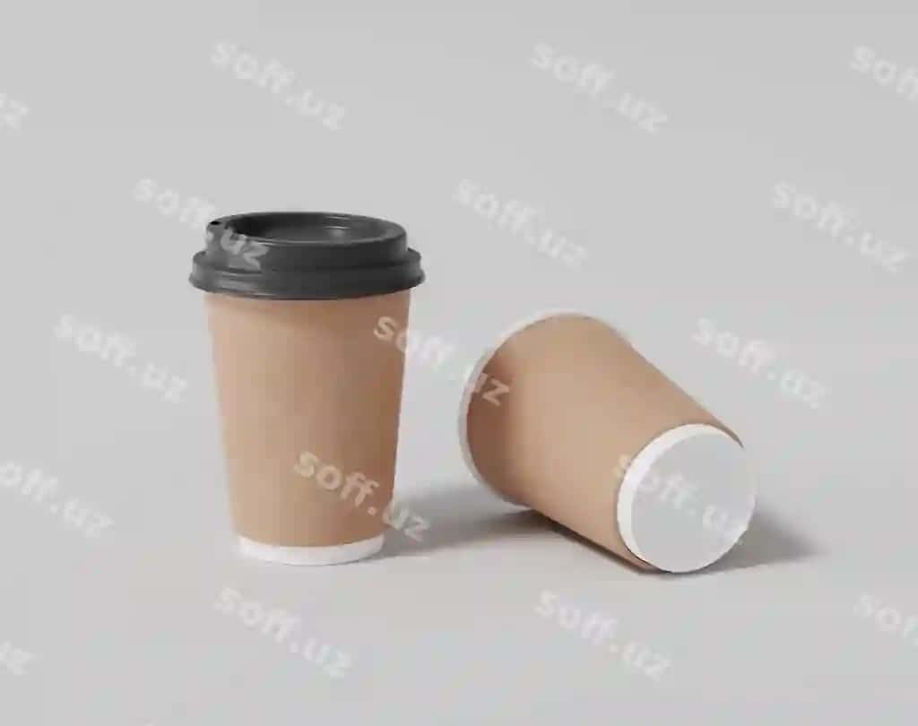 Haqiqiy dumaloq paketli qopqoqli kraft qog'ozli kofe chashka maketi | Kraft paper coffee cup mockup with lid realistic round package