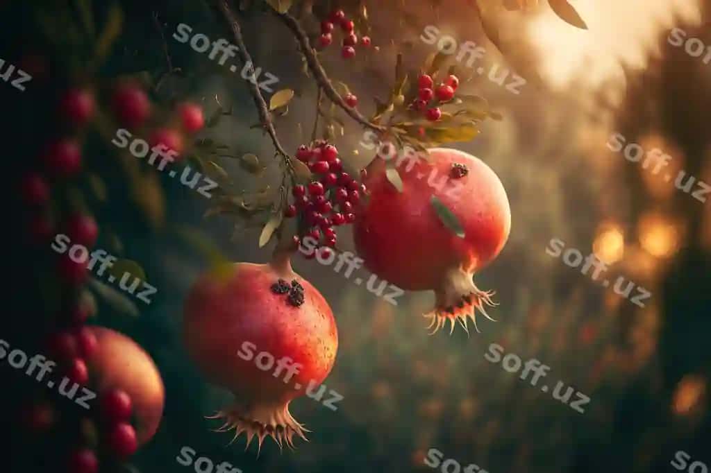 O'lg'a yetgan anorlar bog'dagi daraxt sohibidan asib turgan kechki yorqinlik yumshoq tanlovli fokus matn bilan mos keluvchi. | Pomegranate fruits that are ripe are suspended from garden tree limb evening light soft selective focus text friendly