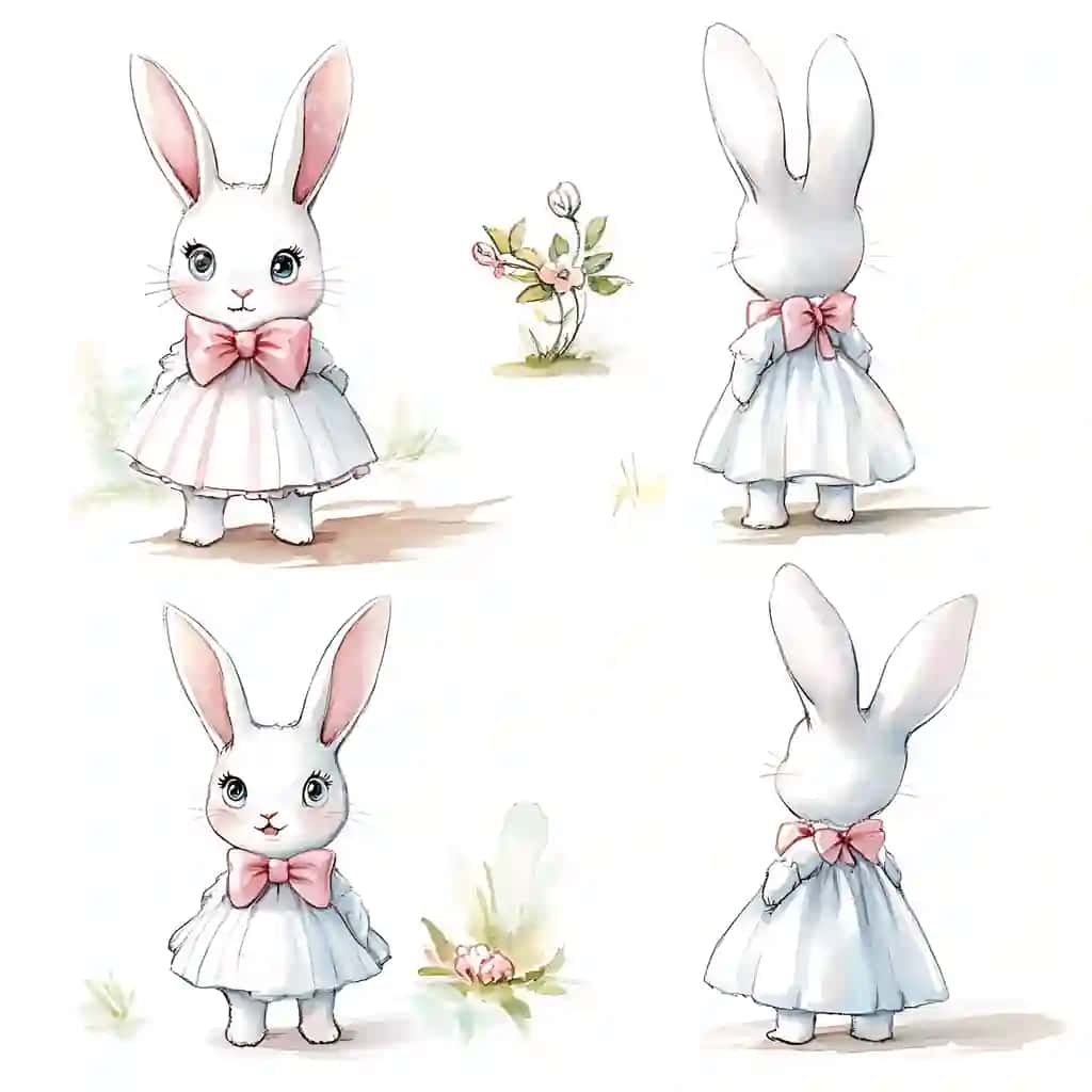 To'rt rasm oq tulki kiyimi pinkiy qo'siq | Four illustrations white bunny dress pink bow