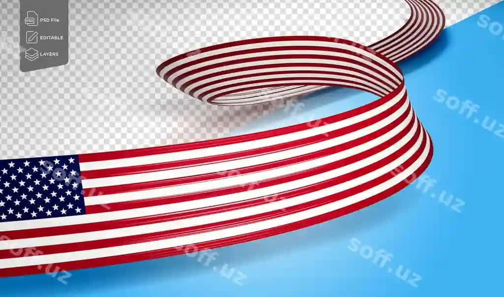 Amerika Qo'shma Xolkalari bayroqi, to'lqiqlangan, yorqin AQSH shiroblari, ko'k fonda | Flag united states america wavy shiny usa ribbon blue background