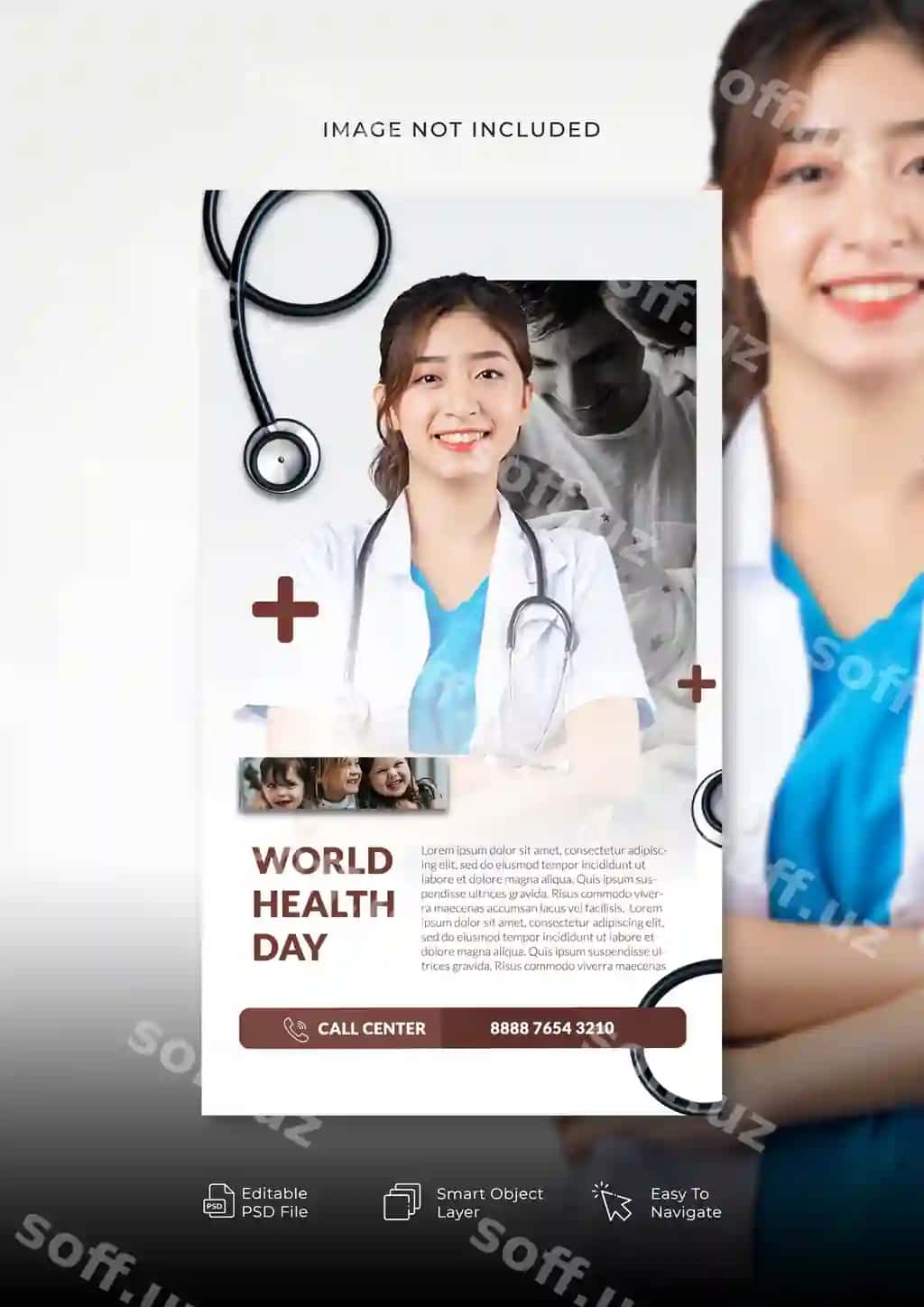 Plyakat Dunyoning Sog'liq Kuni ayol oq laborator kostyumi kiygan | Poster world health day with woman white lab coat