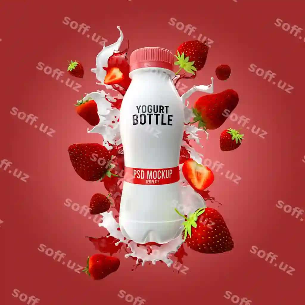 Yoqut shishasi namunasi sut aksiyasi bilan qurdiu 3D render | Yogurt bottle mockup with milk splash strawberry 3d render