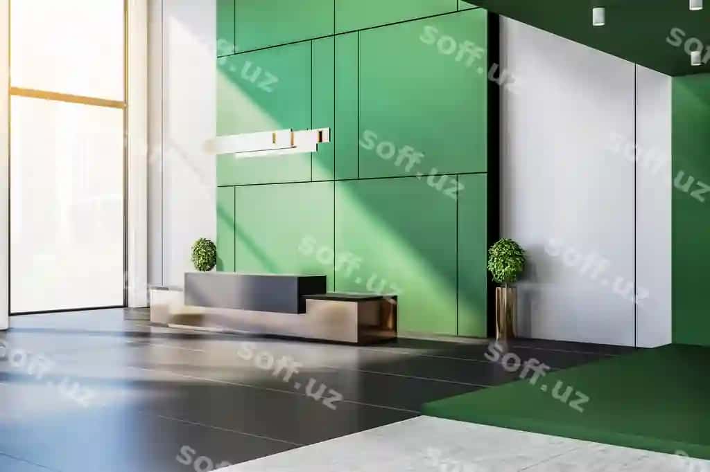 Zamonaviy qabulxona maydoni stol va yashil devor bilan | Modern reception area with table green wall