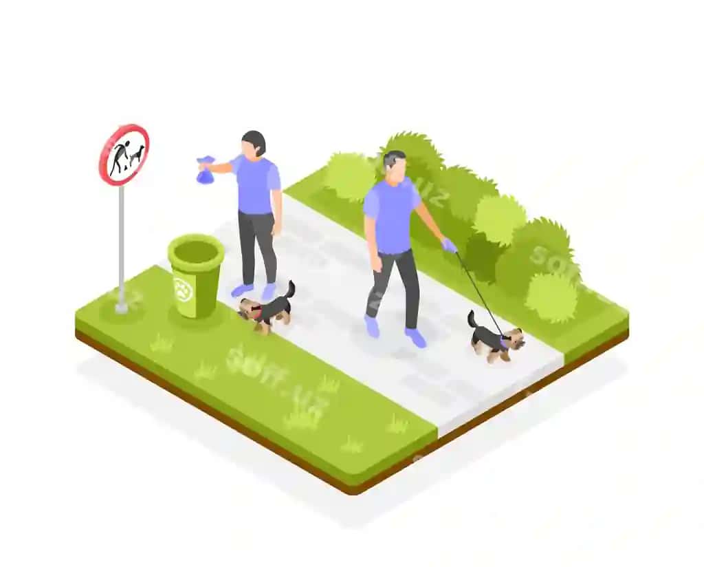 Odamlar parkda ularning itlari uchun tozalaydi isometric konsepsiya 3D | People walk park clean up after their dogs isometric concept 3d