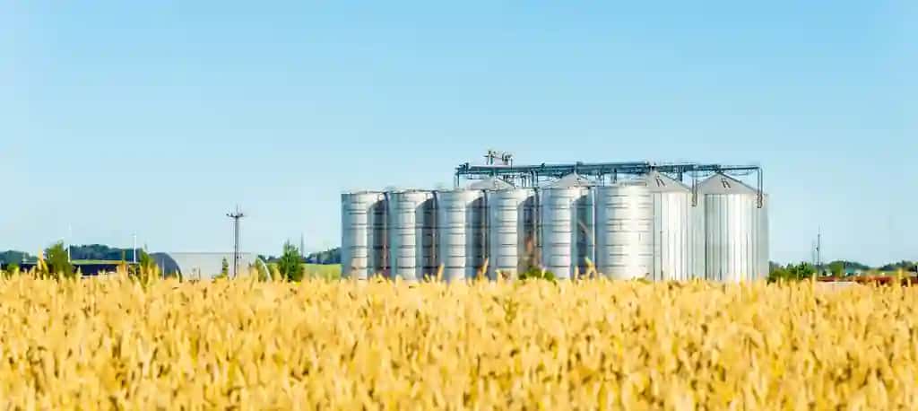 Don saqlash siloslari tizimi oltin bug'doy dalalari yozgi moviy musaffo osmon banneradvertisementpromotion | Grain storage silos systemgolden wheat field summer blue clear skybanneradvertisementpromotion