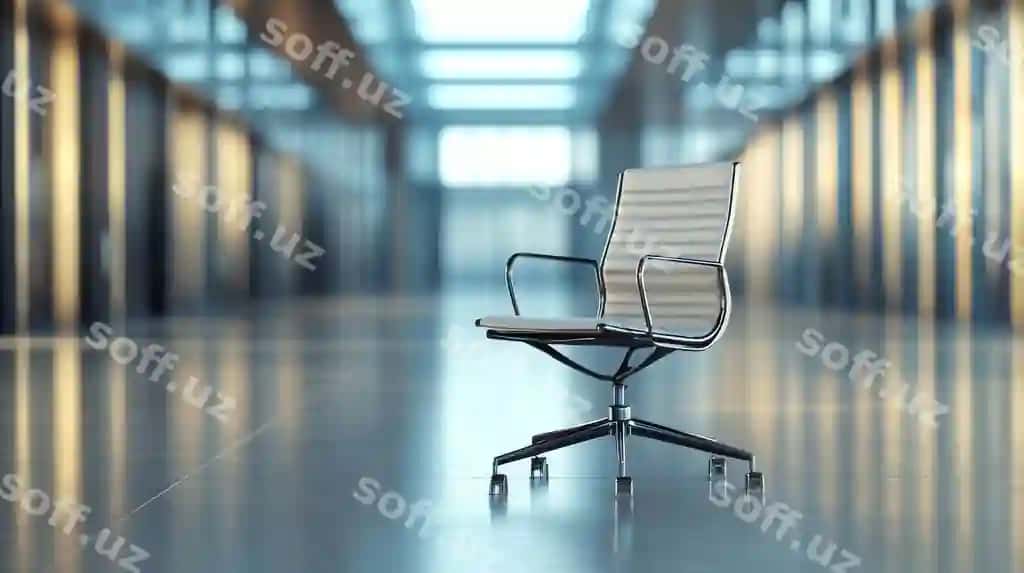 Zamonaviy keng koridorda joylashgan zamonaviy ofis kreslosi | Sleek office chair positioned modern spacious corridor