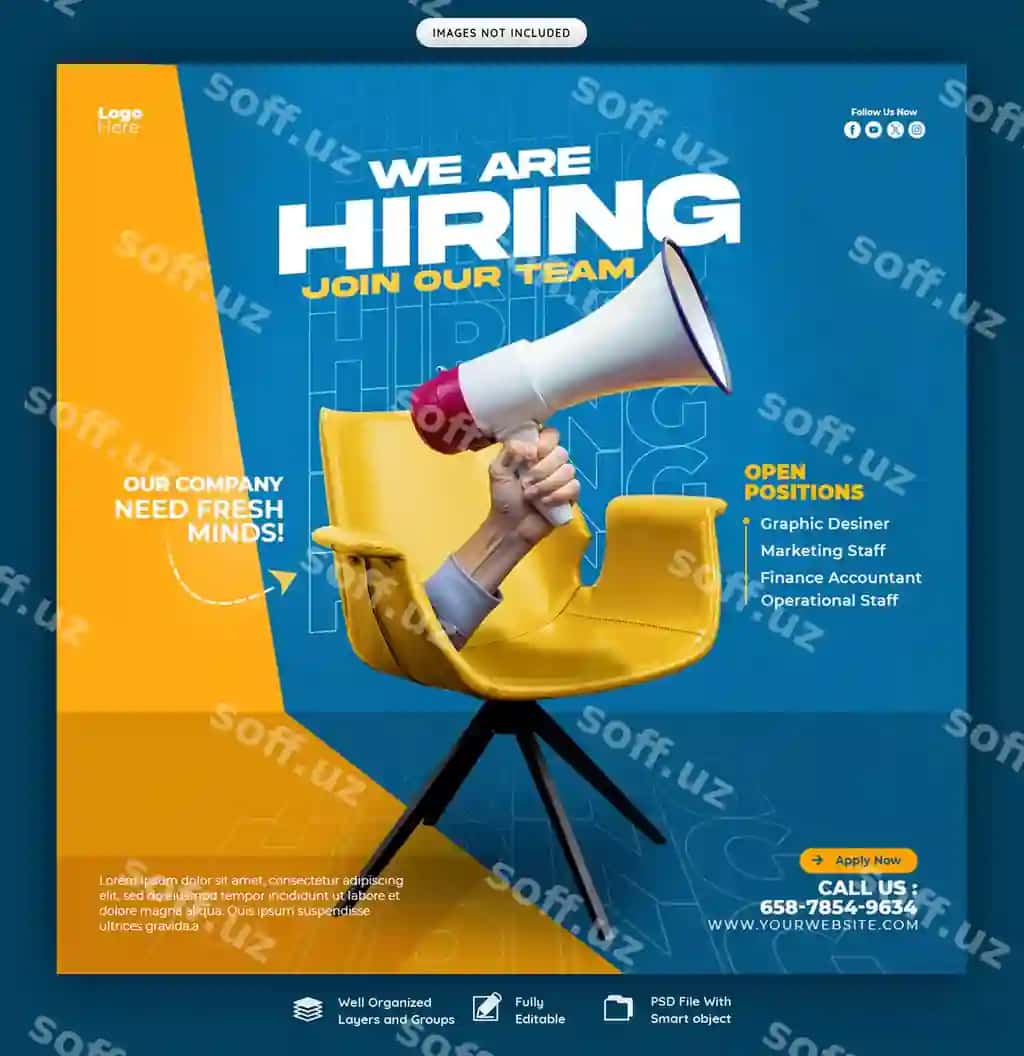 Biz bo'sh ish o'rinlari uchun ijtimoiy media banner instagram post shablonini ishga olamiz | We are hiring job vacancy social media banner instagram post template