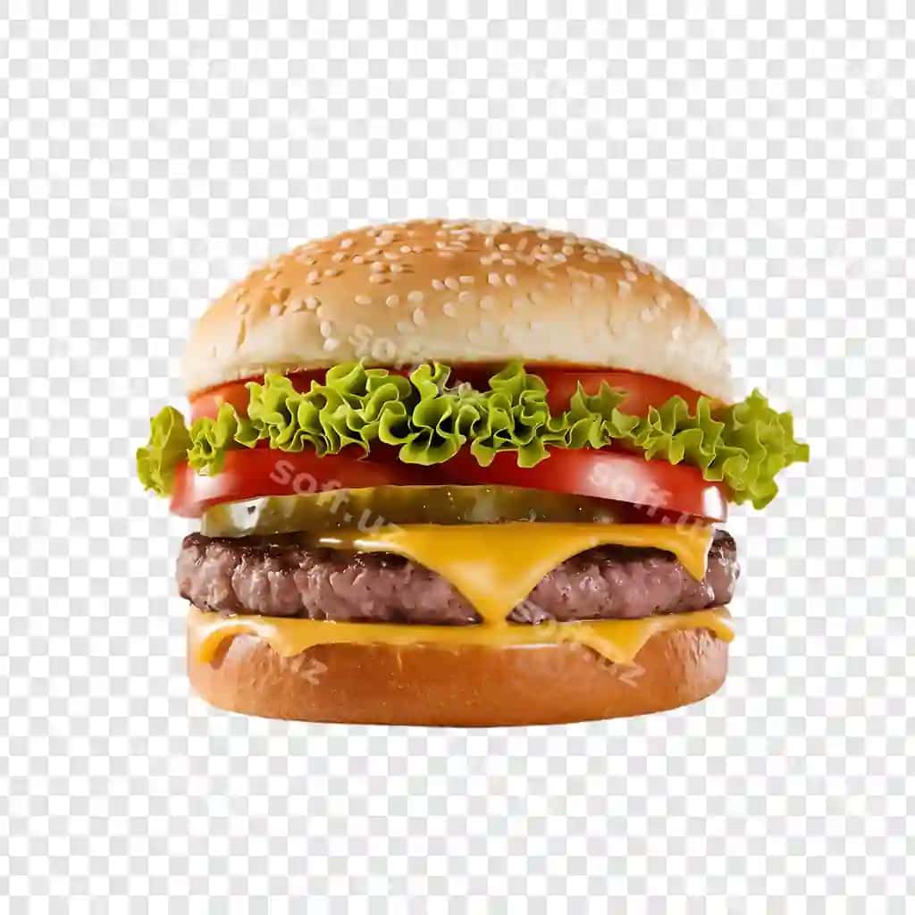 Realistik burger yulchiz va pishloq bilan shaffof orqa fonda | Realistic burger with lettuce cheese transparent background