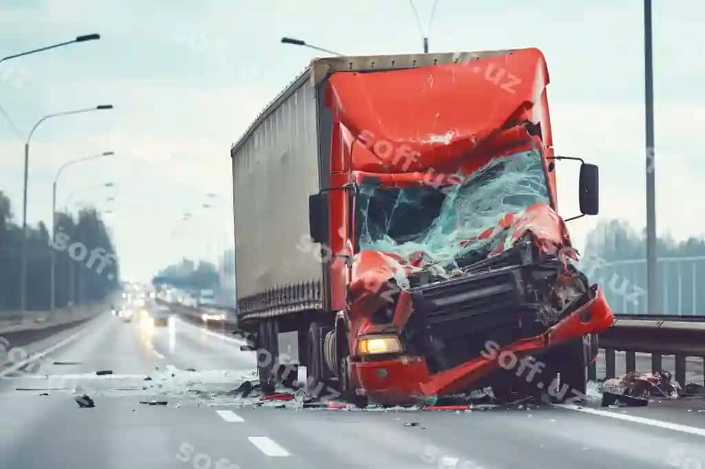 Shishasi singan qizil yarim yuk mashinasi bulutli osmon | Red semi truck with broken windshield highway cloudy sky