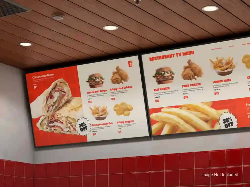 Haqiqiy past burchakli raqamli menyu taxtasi maketi restoran devori | Realistic low angle digital menu board mockup restaurant wall