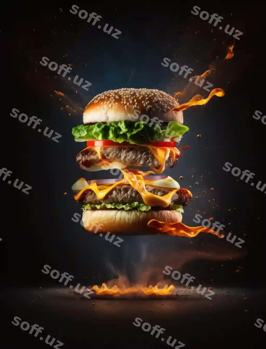 Illustratsiya levitatsiya qiluvchi mamno'a burger od qorong'u fonda generativ AI | Illustration levitating delicious burger fire dark background generative ai