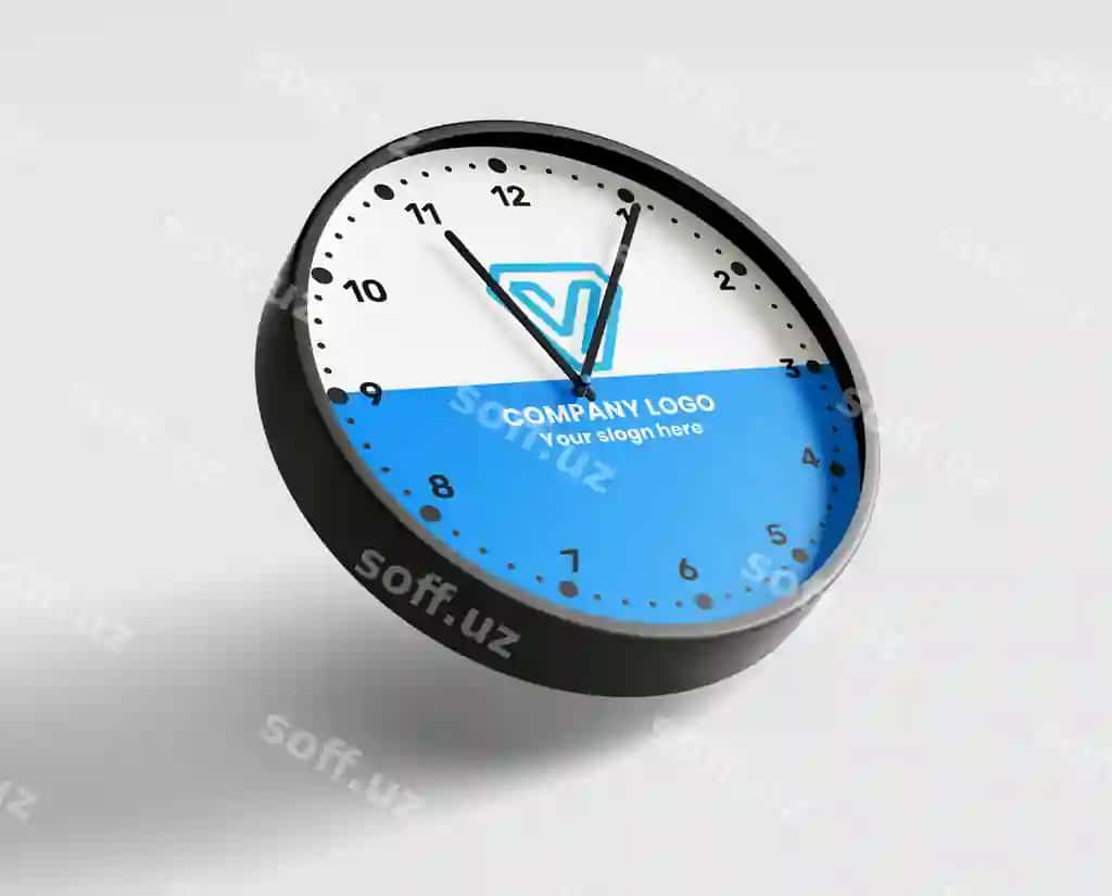 Brendli devor soat namunasi kompaniya logoti si bilan | Branded wall clock mockup with company logo