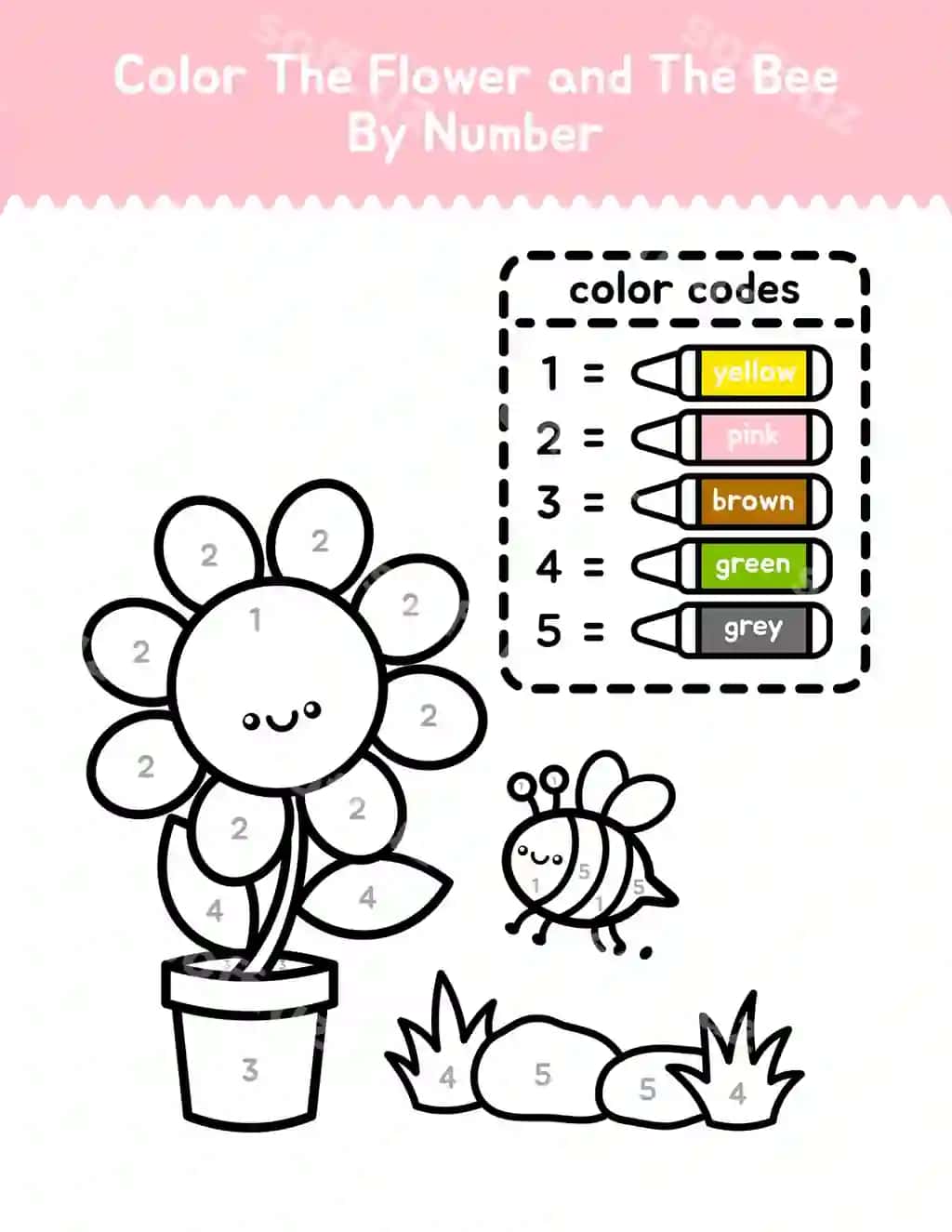 Bolalar uchun yoqimli gul asalari ranglarini raqamlar bo'yicha bo'yash sahifasi | Cute flower bee color by number coloring page children