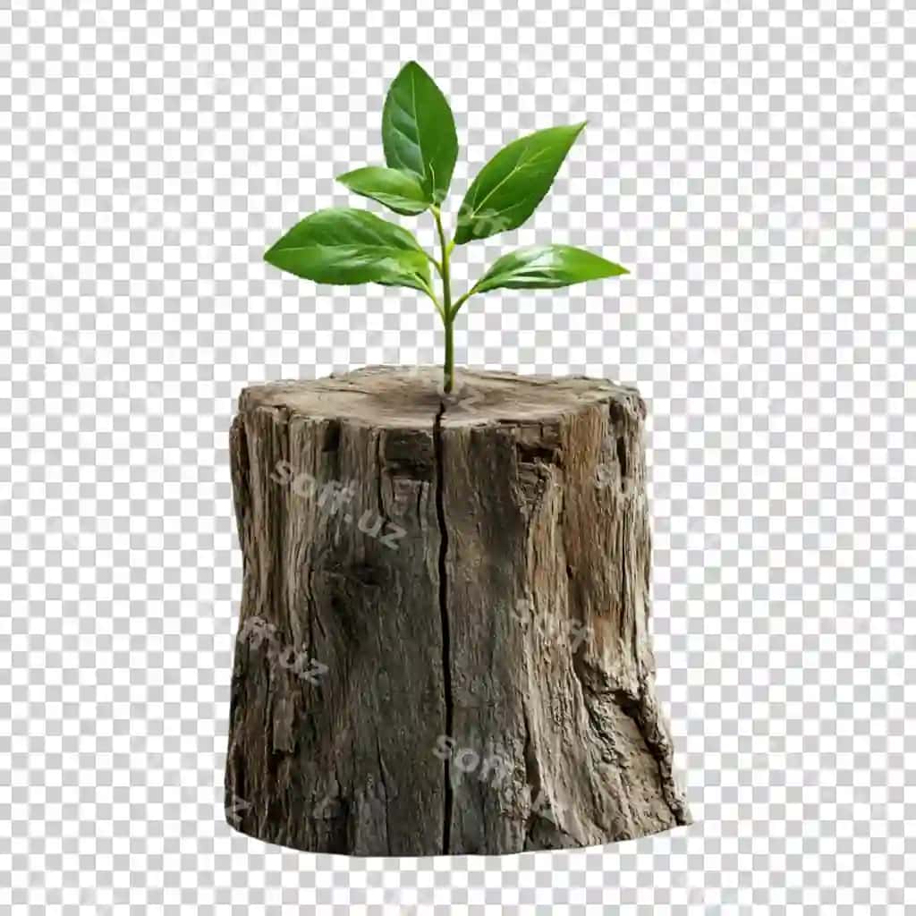 Dumaloq daraxt poyasi shaffof fonda o'sayotgan o'simlik bilan | Round tree stump with plant growing it transparent background