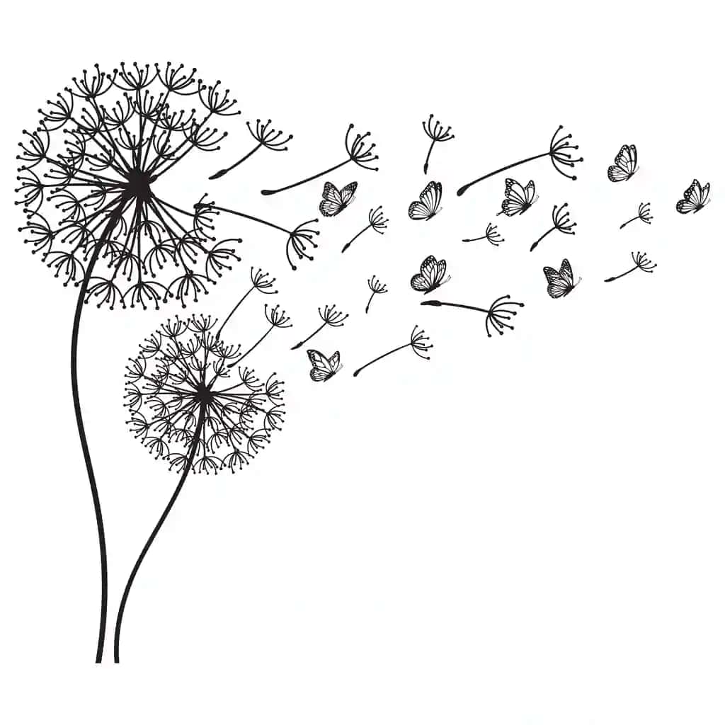 Vektorli rasmda qora momaqaymoq urug'lari shamol bilan izolyatsiya qilingan holda esmoqda | Vector illustration black dandelion seeds blowing wind isolated