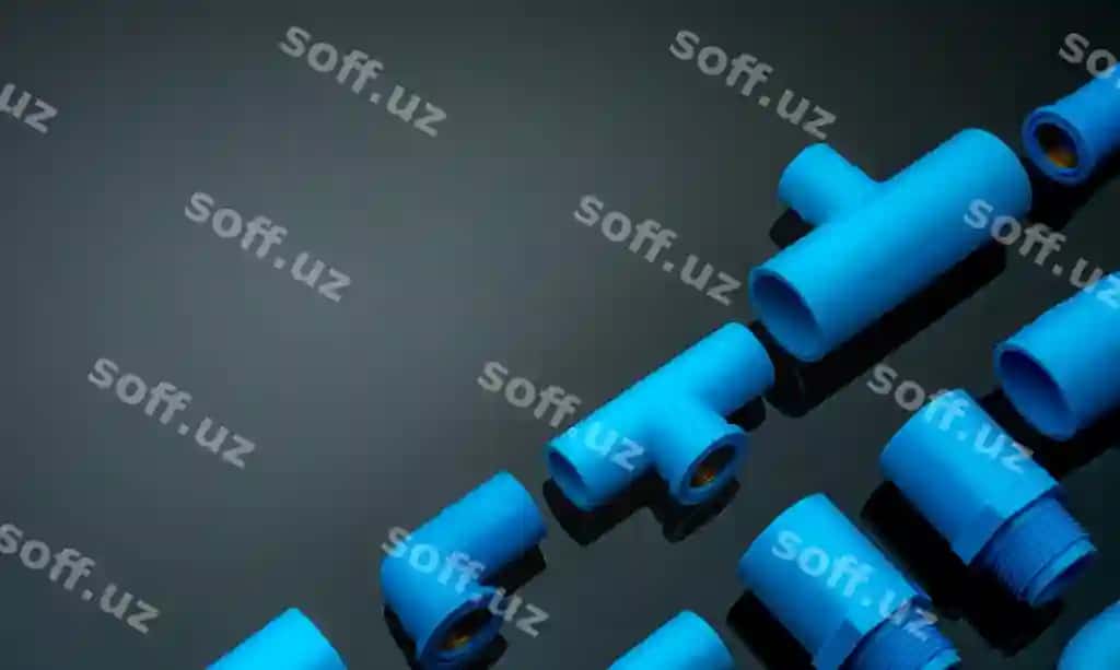 Moviy rangli PVX quvur armaturalarini izolyatsiya qilingan to'q fonli ko'k rangli plastik suv quvuri o'rnating | Set blue pvc pipe fittings isolated dark background blue plastic water pipe